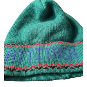 Vintage 80s Attitash Mountain Ski Hat Winter Beanie Turquoise Blue Knit